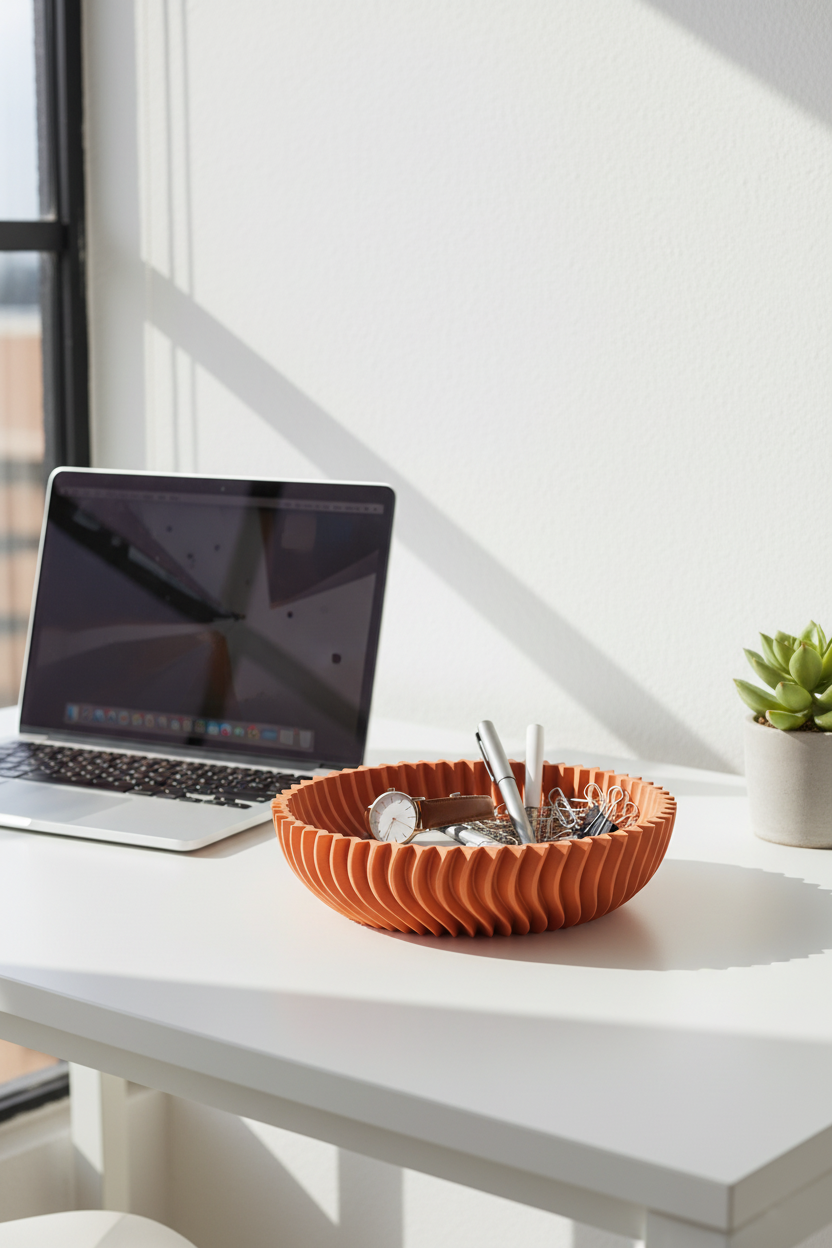 Terracotta ripple bowl as desk organiser in home office - lifestyle