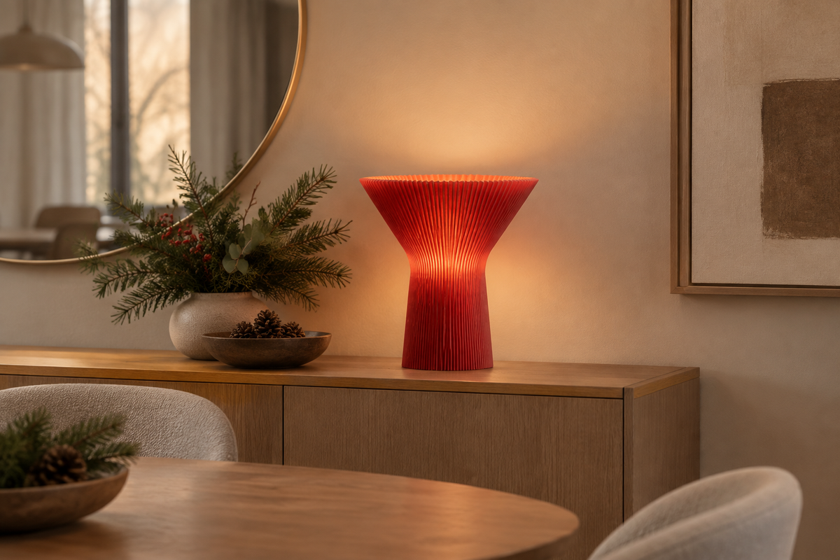 Red pleated inverted funnel lamp styled on a dining-room console.