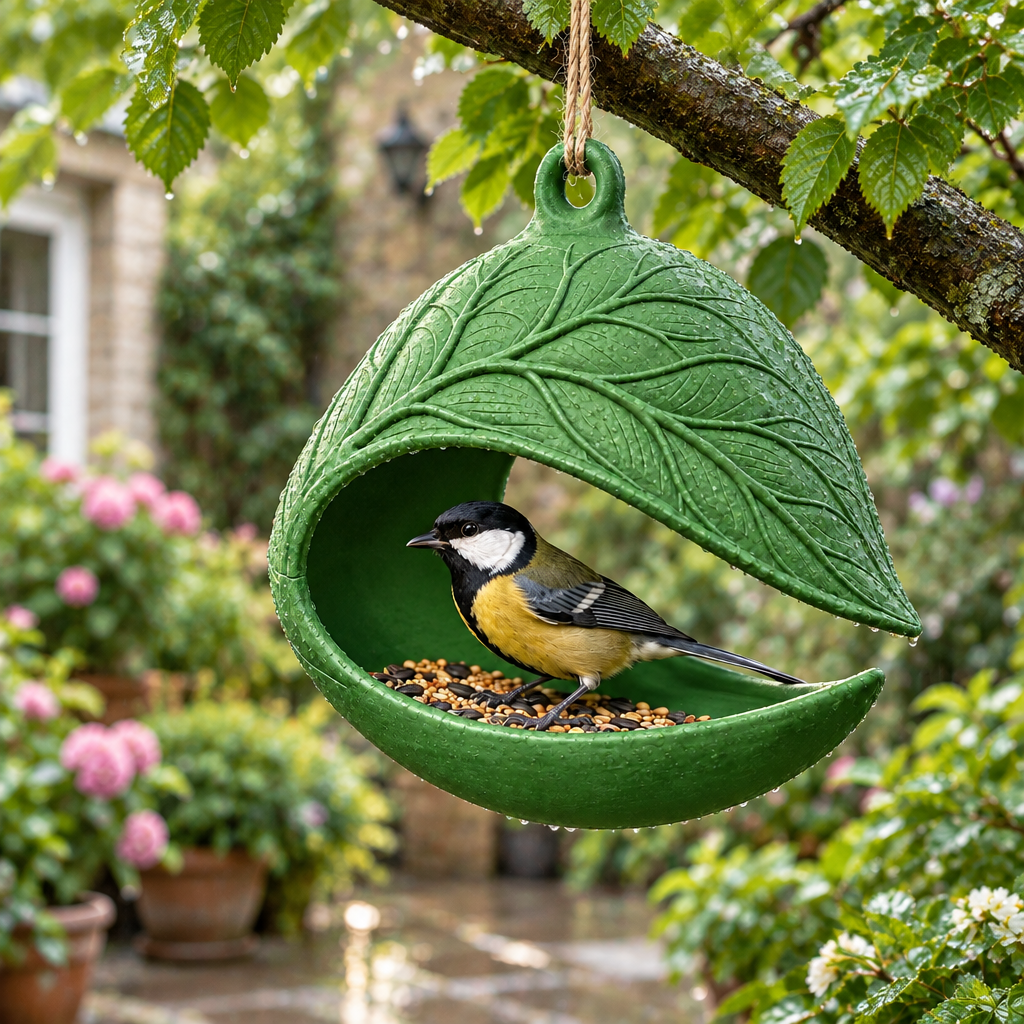 Green Leaf Nest bird feeder in a courtyard garden