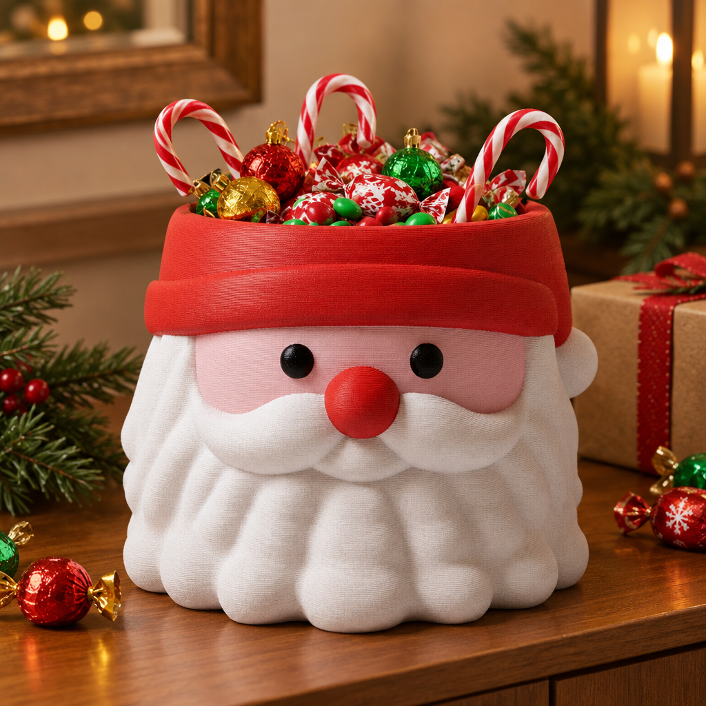 Close three-quarter view of the Santa Head sweet bowl showing its red hat and sculpted white beard