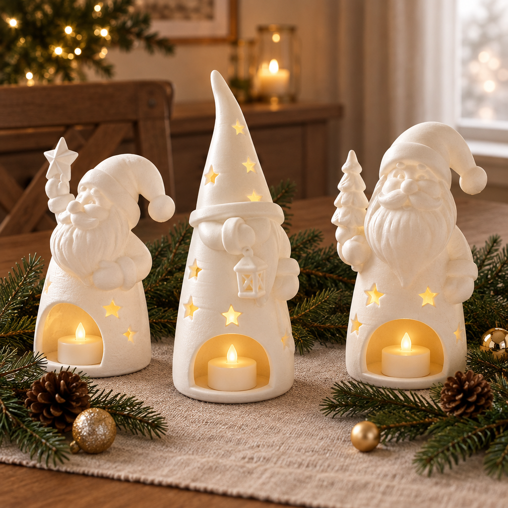 A trio of Santa and gnome tealight holders arranged as a festive table display