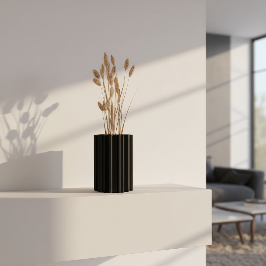 Matte black coral organic vase with dried flowers on a minimalist white shelf