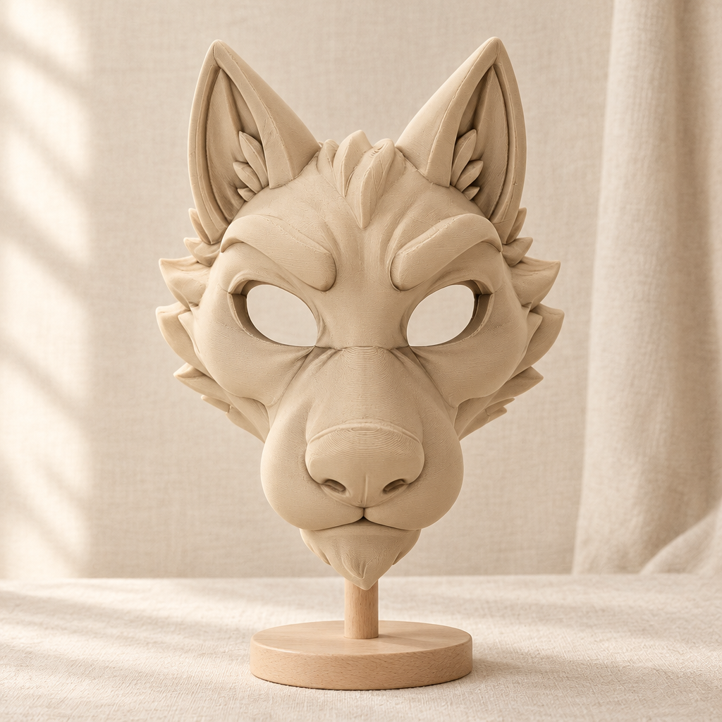 Warm beige Dire Wolf fantasy mask displayed in a natural-light studio, without a strap