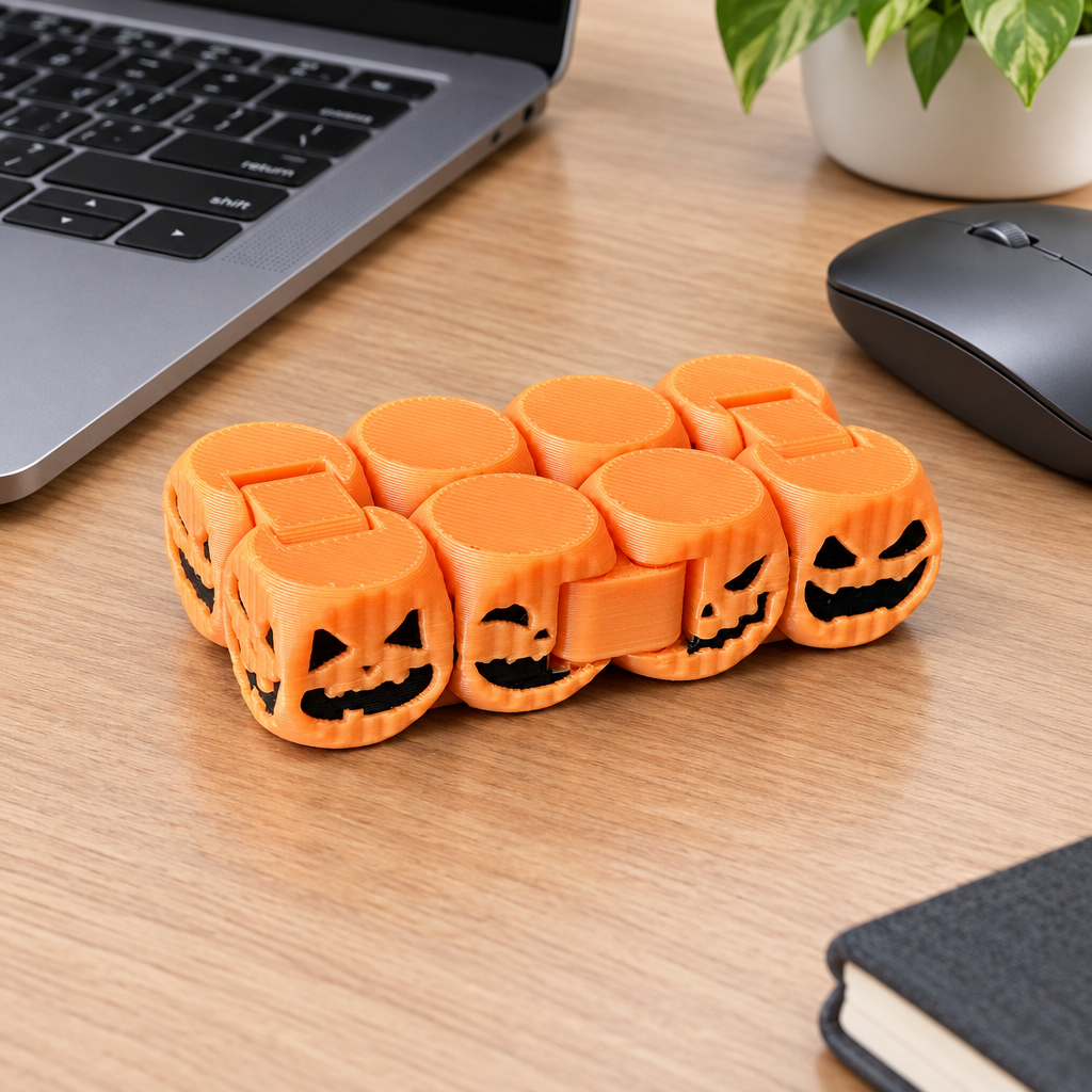 Halloween pumpkin fidget chain beside a laptop in a tidy workspace