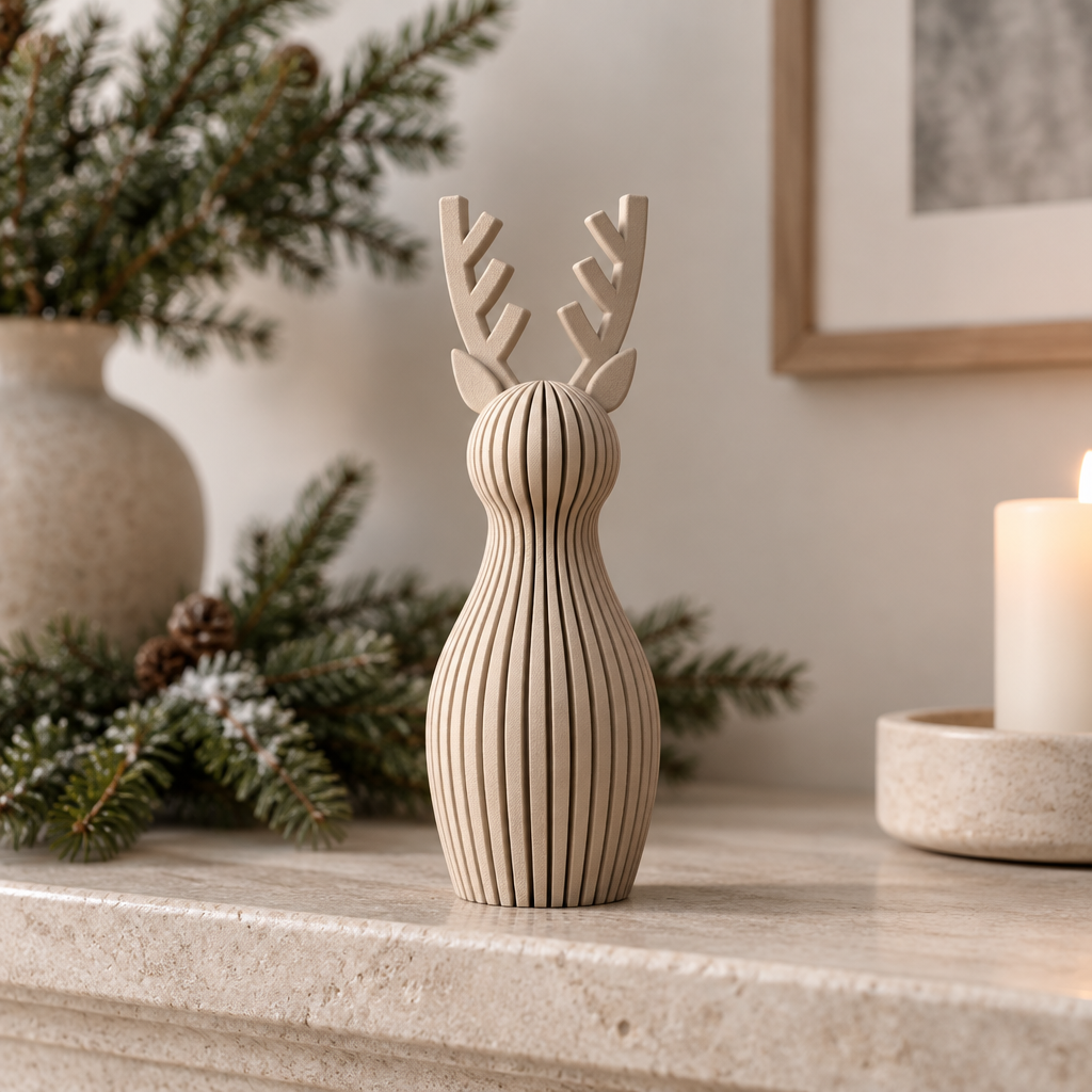 A single beige ribbed Christmas reindeer ornament on a pale stone mantel in a calm Scandinavian living room