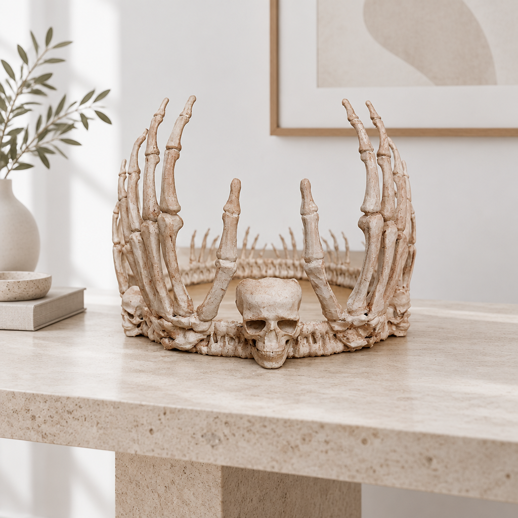 Skeleton Crown displayed on a pale console in a bright minimalist interior