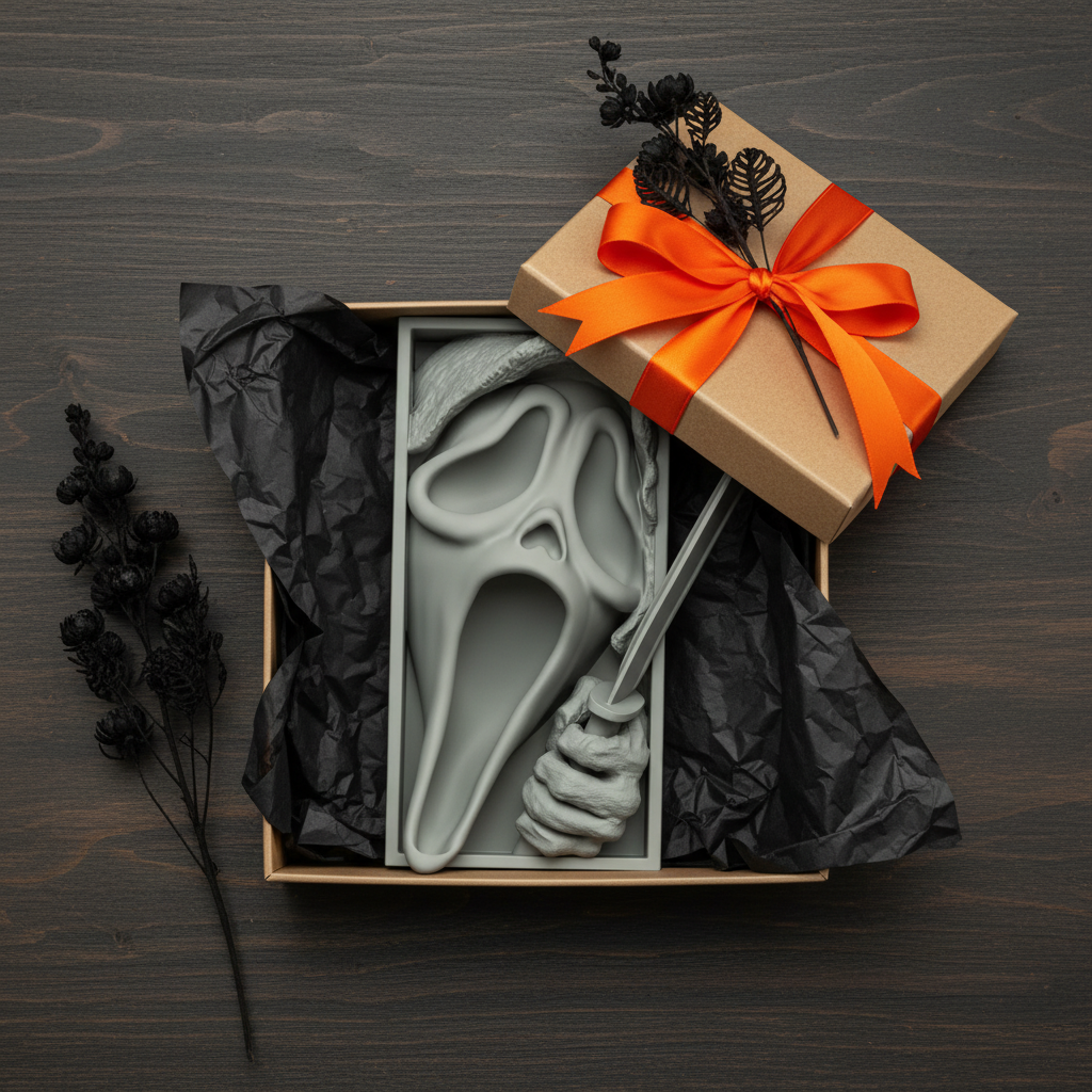 Scream book nook relief sculpture grey framed box kraft paper gift box black tissue paper dried black flowers orange ribbon bow dark wooden surface Halloween gift giving overhead square editorial