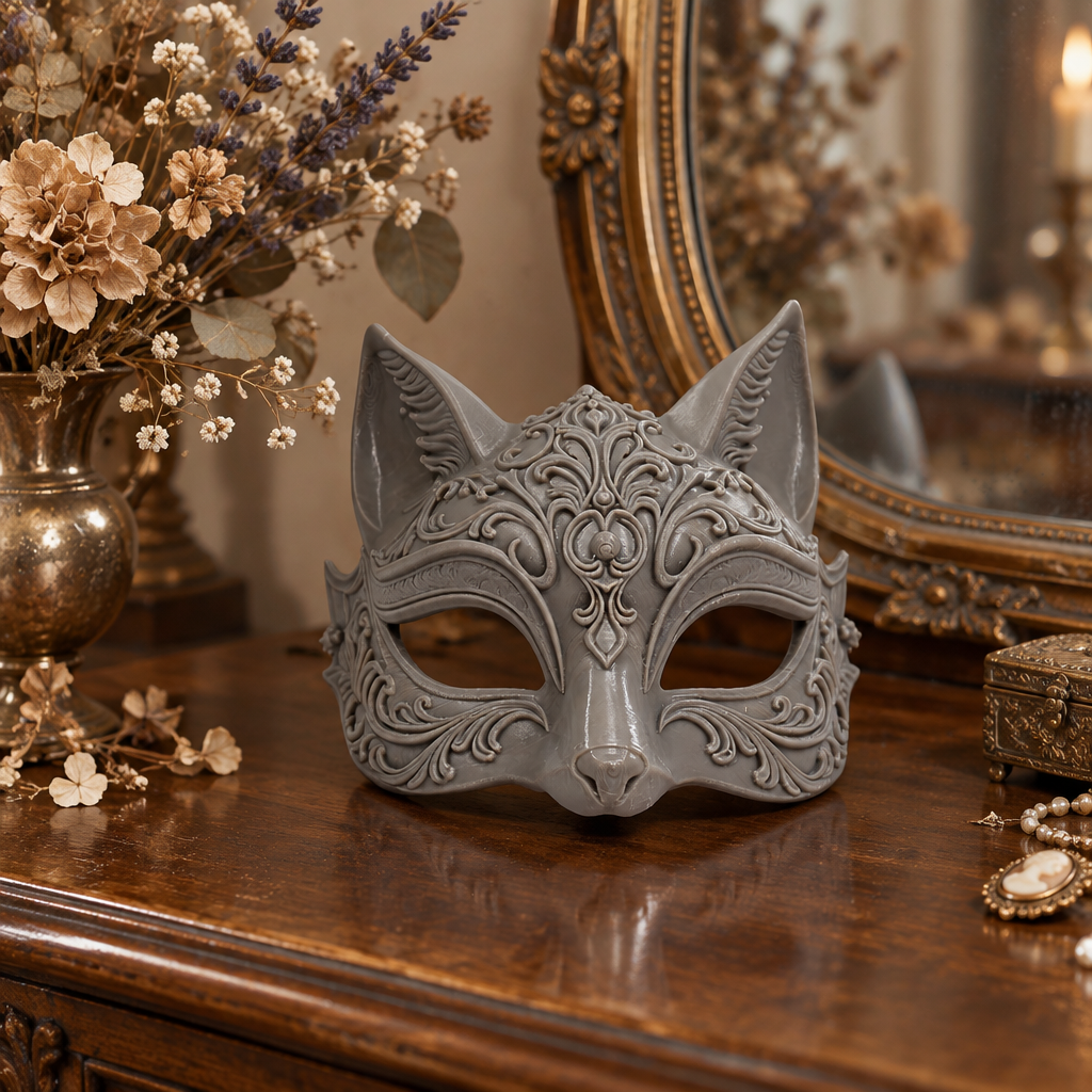 Ornate grey feline mask displayed on an elegant dressing table
