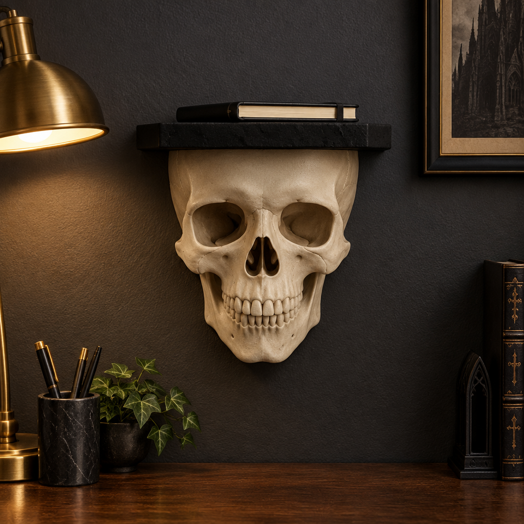 Front-facing Skull Shelf on a charcoal home-office wall