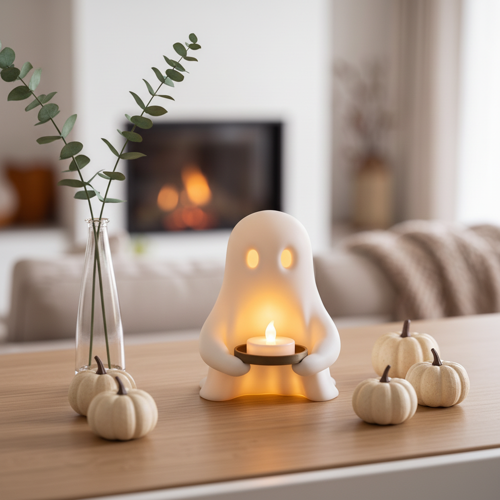 White Halloween ghost LED tealight holder on a contemporary mantel