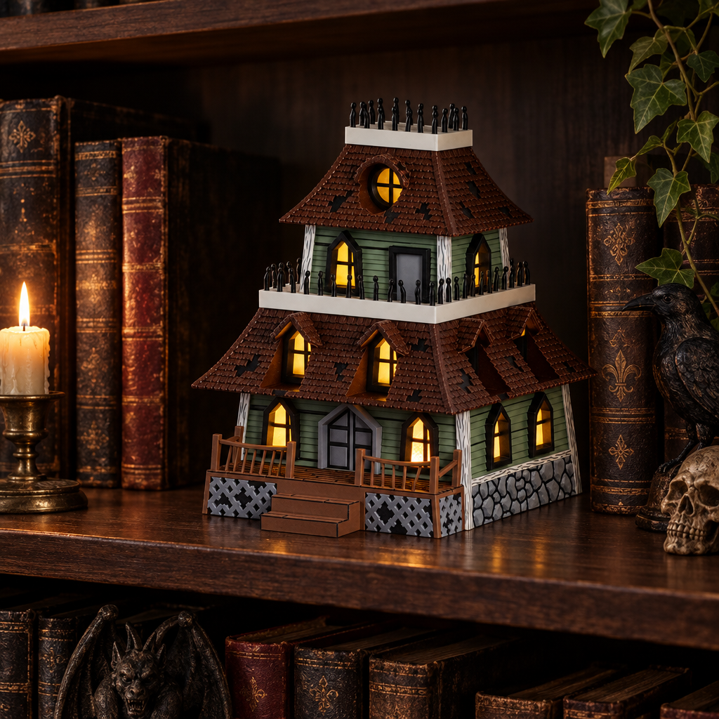 Haunted house on gothic bookshelf
