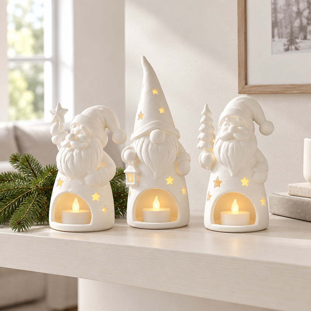 Three Santa and gnome tealight holders displayed together on a pale floating shelf