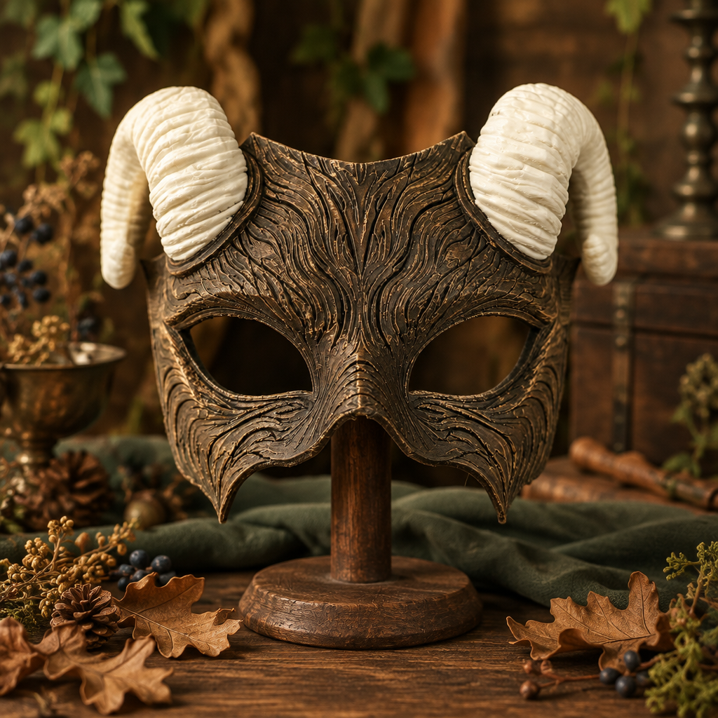 Bronze Faun Mask with ivory curled horns at a Renaissance preparation table, strap not included