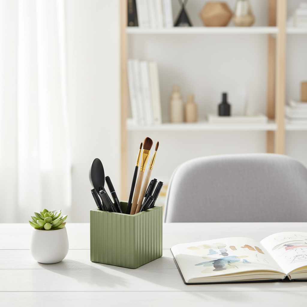 Square Ribbed Utensil Holder - green colourway holding pens and paintbrushes on white desk with plant and sketchbook