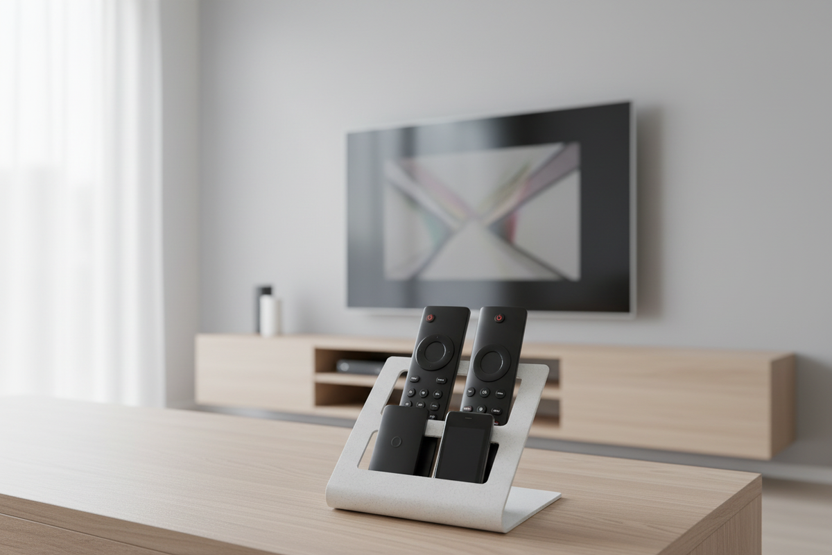 Remote Control Organizer holding TV remotes on a modern TV unit in a contemporary living room