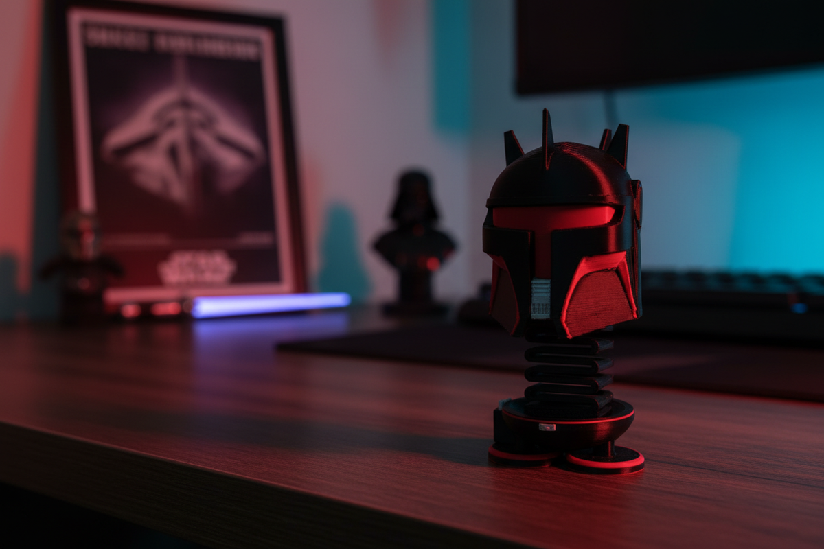 Star Wars Moff Gideon Beskar Armor Springie on a dark wooden desk in a moody gaming room with dramatic red-tinted cinematic lighting