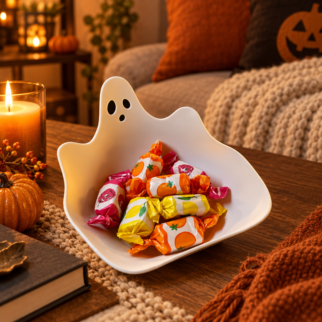 White ghost-shaped tray filled with wrapped sweets on a cosy living-room coffee table