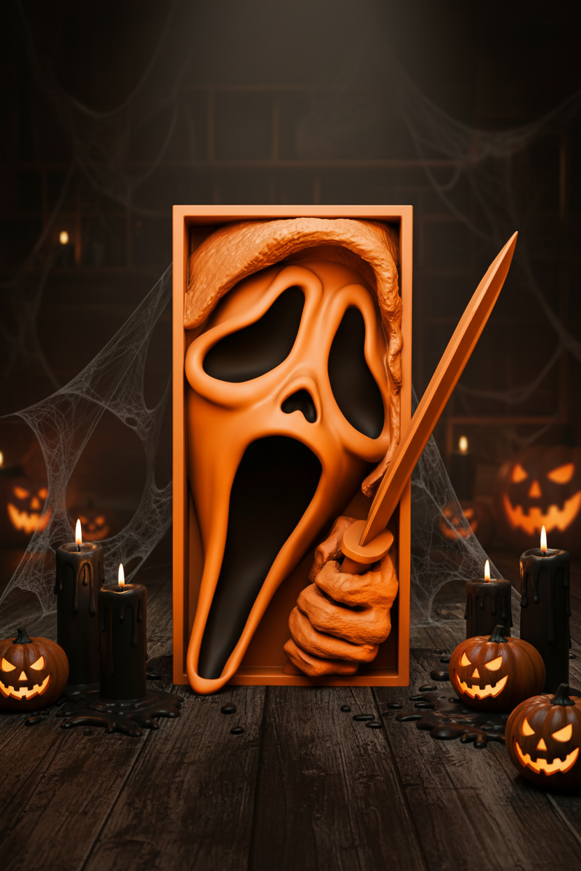 Scream book nook relief sculpture orange framed box dark wooden surface Halloween decorations black candles spider webs carved pumpkins dramatic moody orange accent Halloween interior portrait