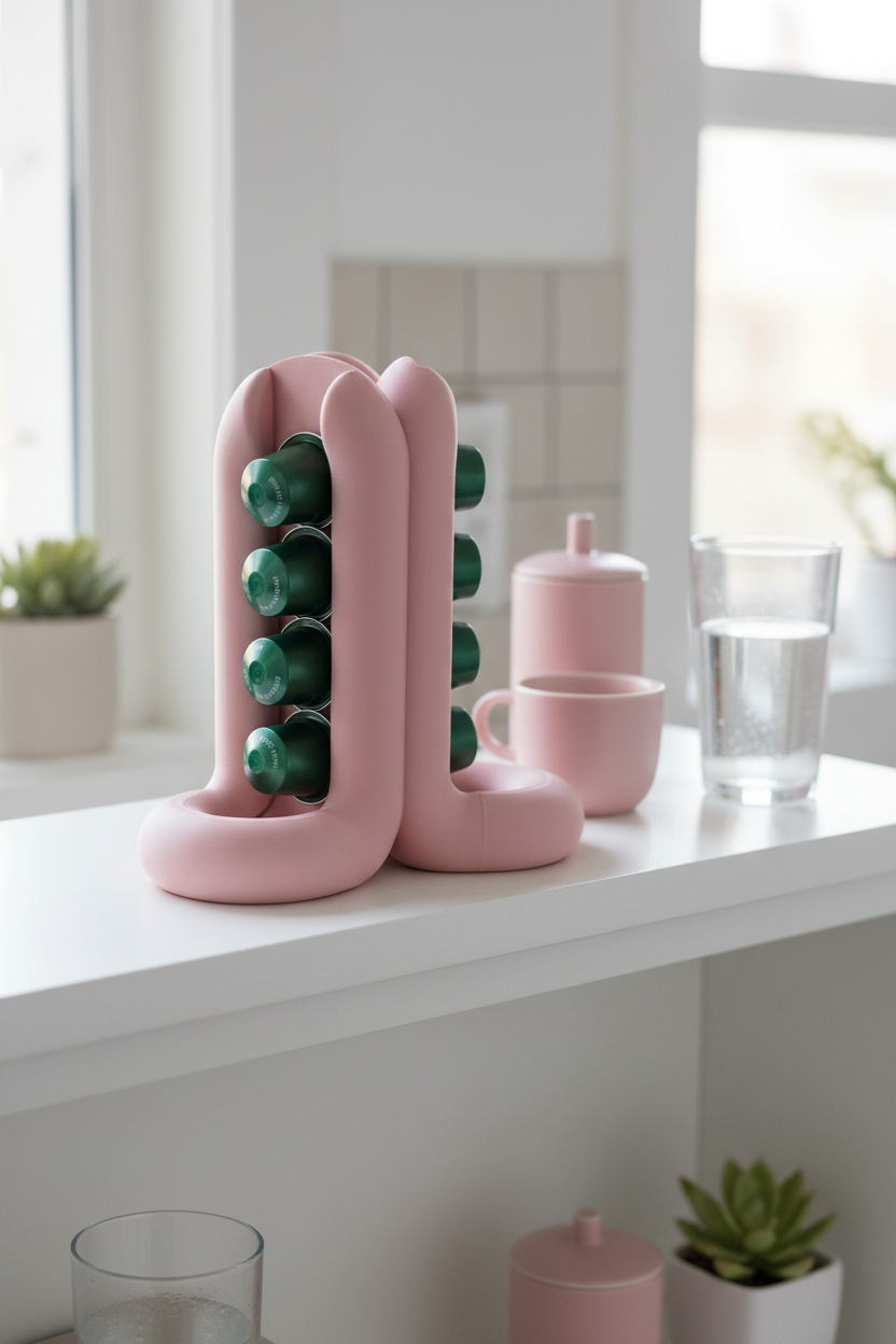 Dusty pink wibble pod holder on white kitchen shelf bright morning - lifestyle
