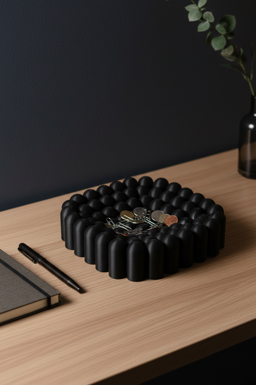 Black sea anemone bowl as desk organiser with paperclips and notebook