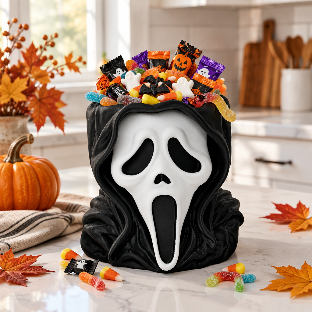 Black Ghostface-inspired head sweet bowl filled with wrapped sweets on a bright autumn kitchen island