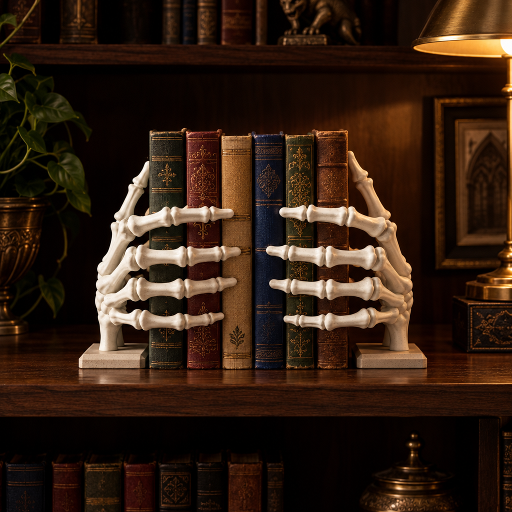 Paint-ready skeleton hand book holders supporting classic books in a home library