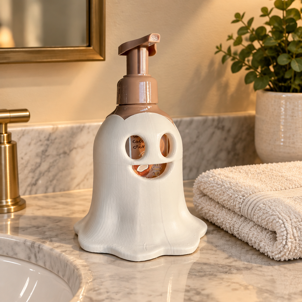 Ghost-shaped soap dispenser on a compact marble washbasin ledge