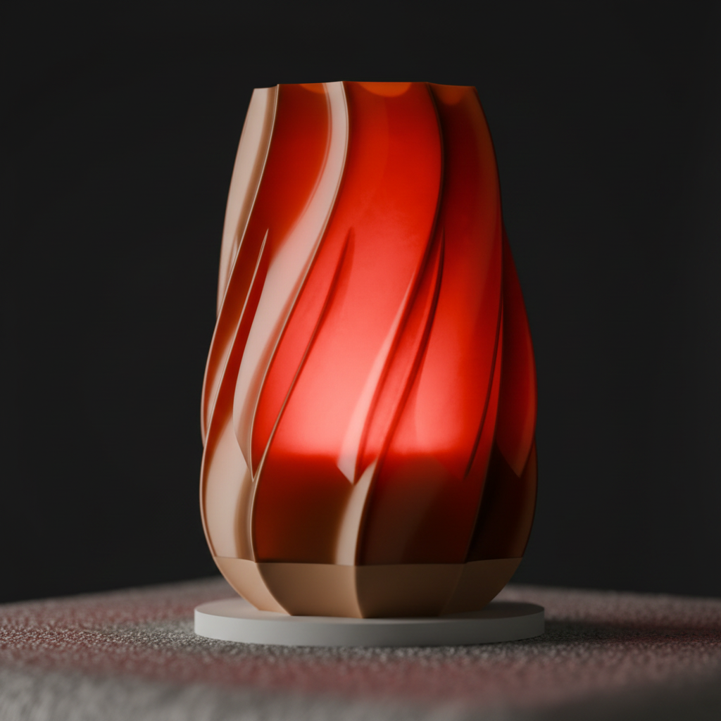 Twisted Glow Table Lamp red translucent twist-fin body intense red glow white base close up macro dark studio light spill surface square editorial
