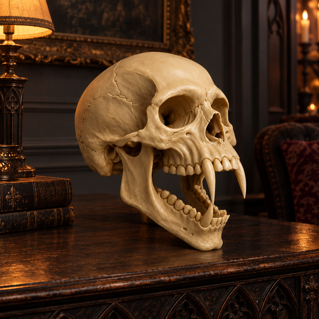 Pale cracked vampire skull with open jaw resting directly on a dark wood console
