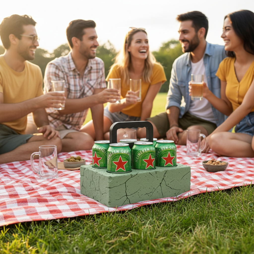Beer Brick Six Can Caddy in green — holding six beer cans on picnic blanket in sunny park with friends relaxing in background
