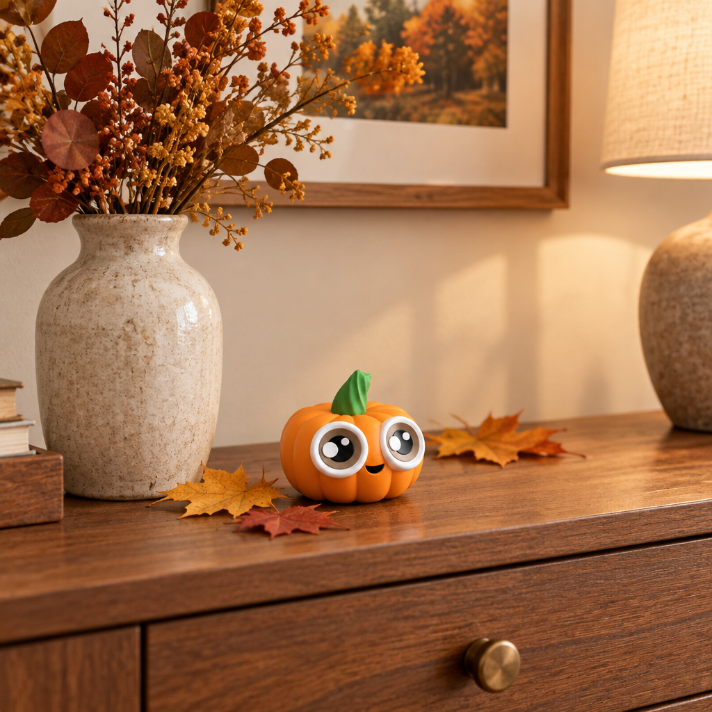 Small pumpkin figure among autumn leaves on a console table