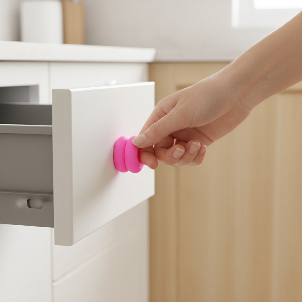 Hand pulling neon pink double donut knob on kitchen drawer - lifestyle