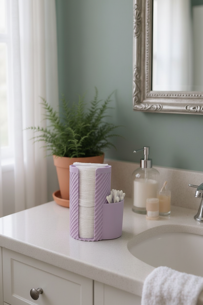 Lavender purple MakeUpMate organizer on white vanity with cotton pads and cotton buds, mirror in background