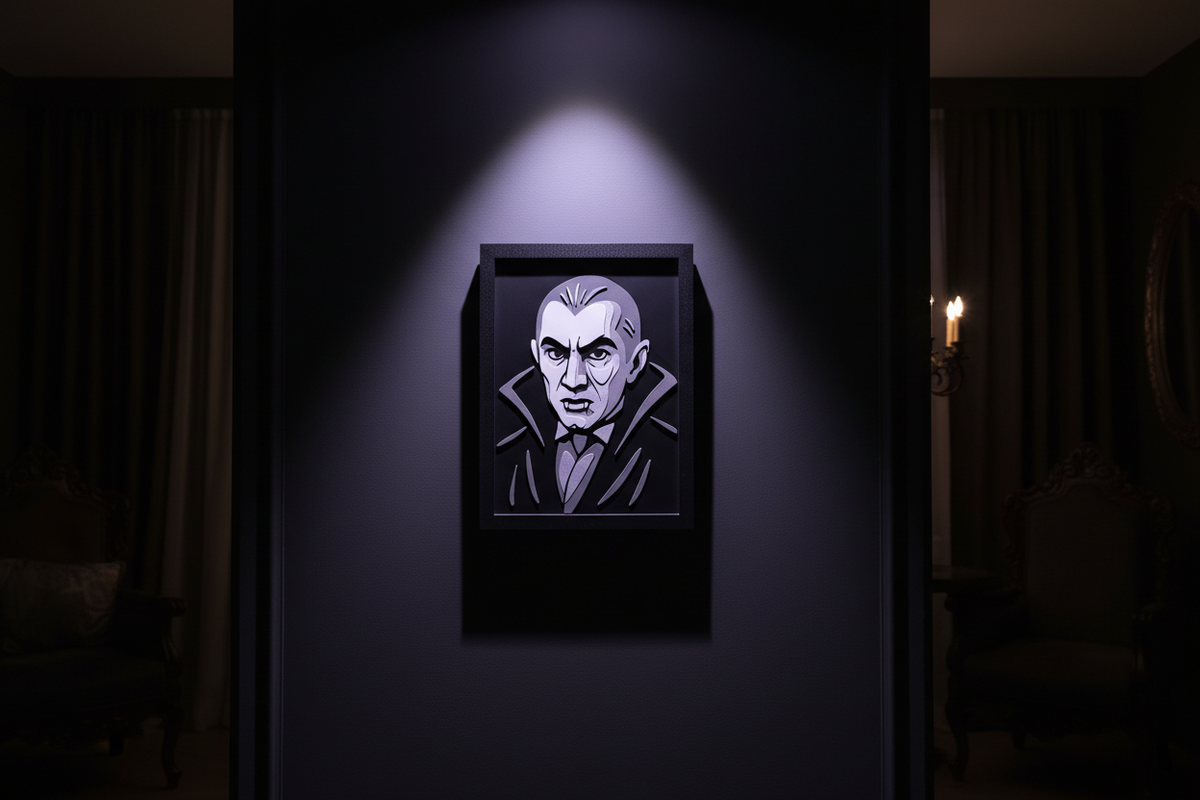 Count Dracula Shadow Box hung on a dark charcoal feature wall with cold purple-white spotlight