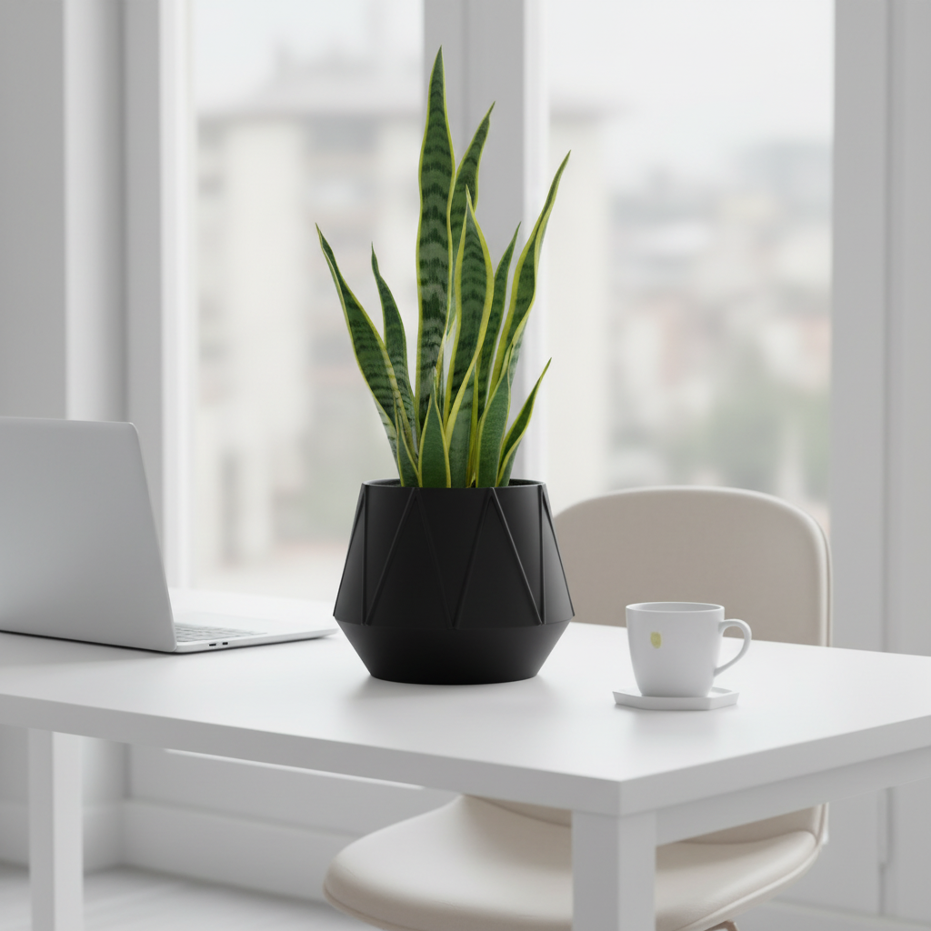 Matte black GeoBloom planter with a snake plant on a minimalist home office desk