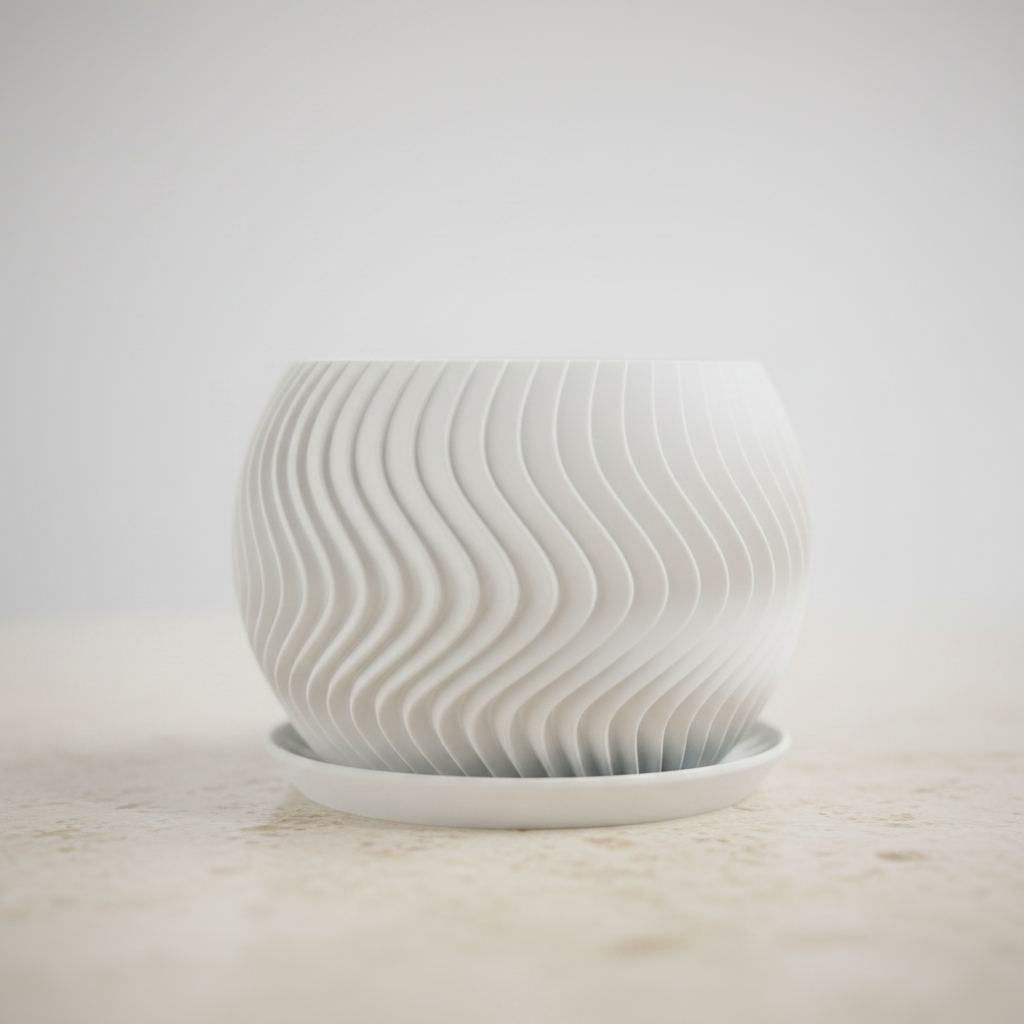 Modern Wavy Planter Pot matte chalk white flowing vertical wave texture matching drainage tray macro close up pale travertine surface soft studio light clean rounded globe profile flowing wave ridges sharp sculptural detail square editorial