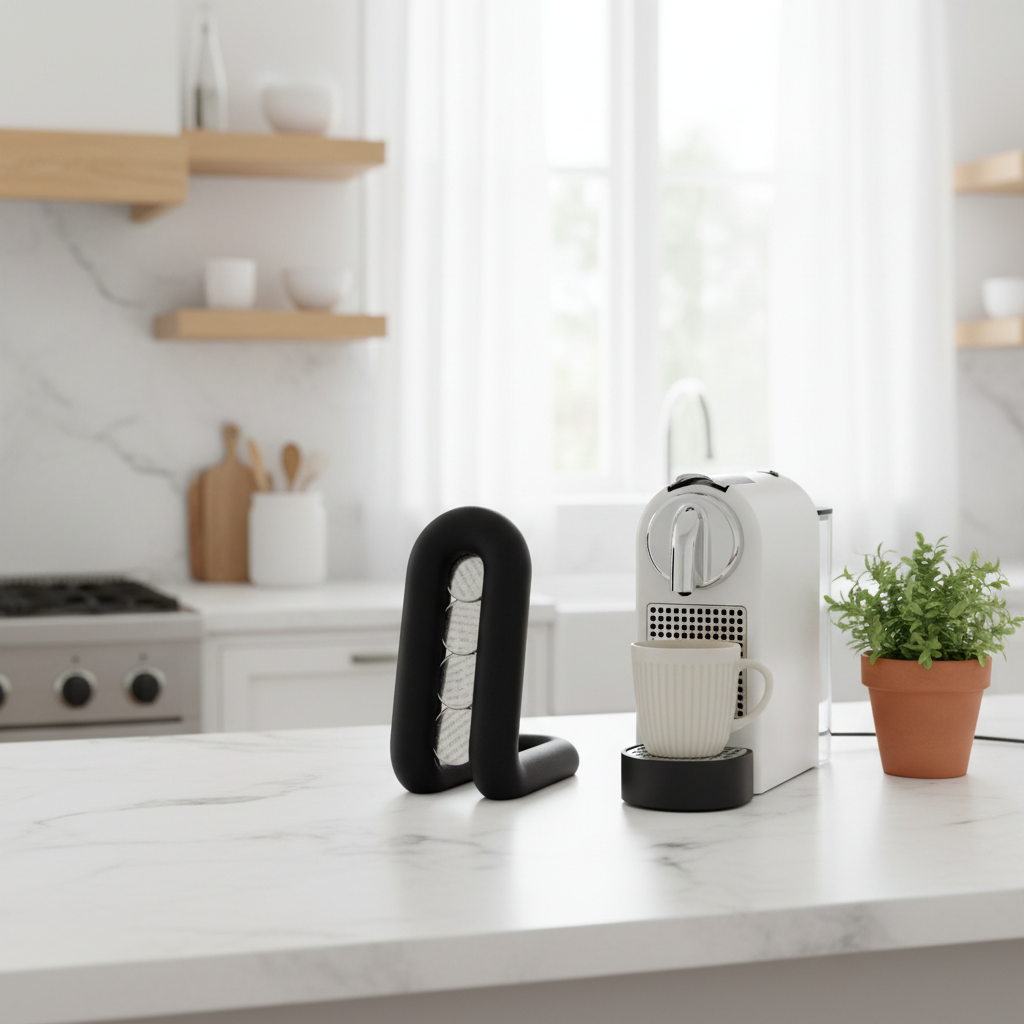 Black wibble coffee pod holder on marble counter with minimal espresso machine ribbed mug and plant Scandinavian kitchen lifestyle
