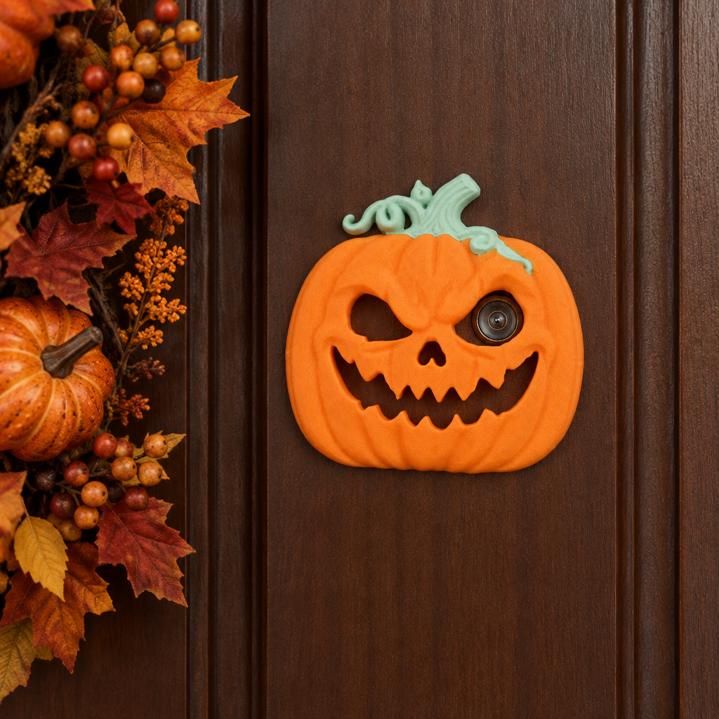 Pumpkin peephole decoration on walnut front door