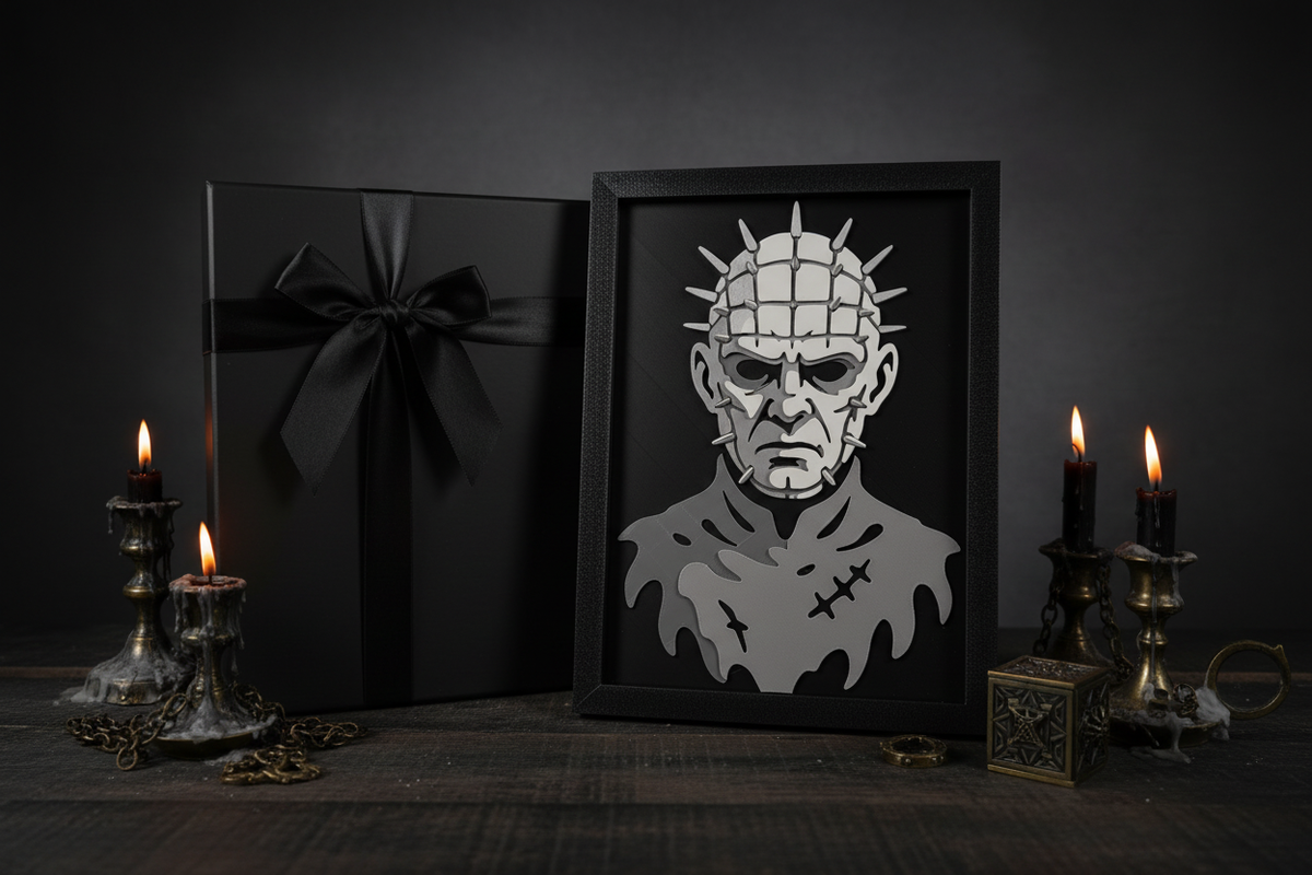 Pinhead Shadow Box presented as a gift in a matte black box with black ribbon and gothic candle decorations