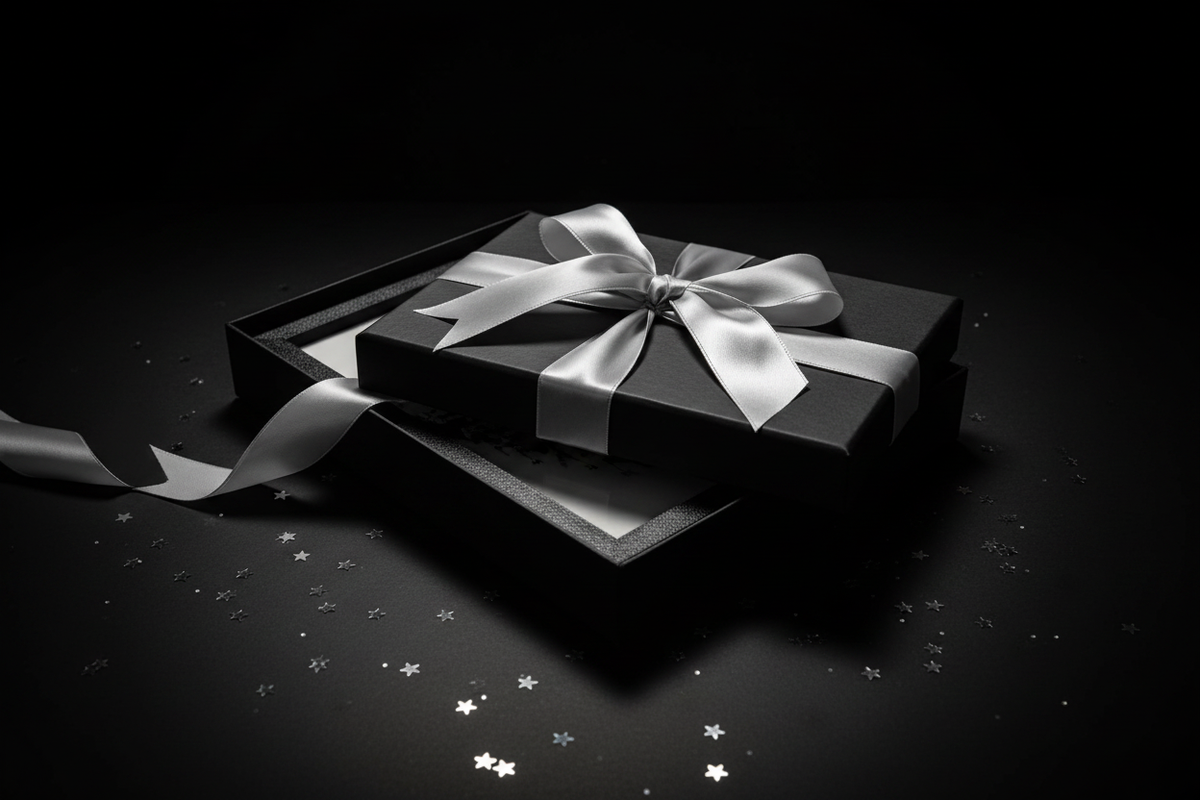 Echoes of the Empire shadow box presented as a gift in a sleek black box with silver ribbon