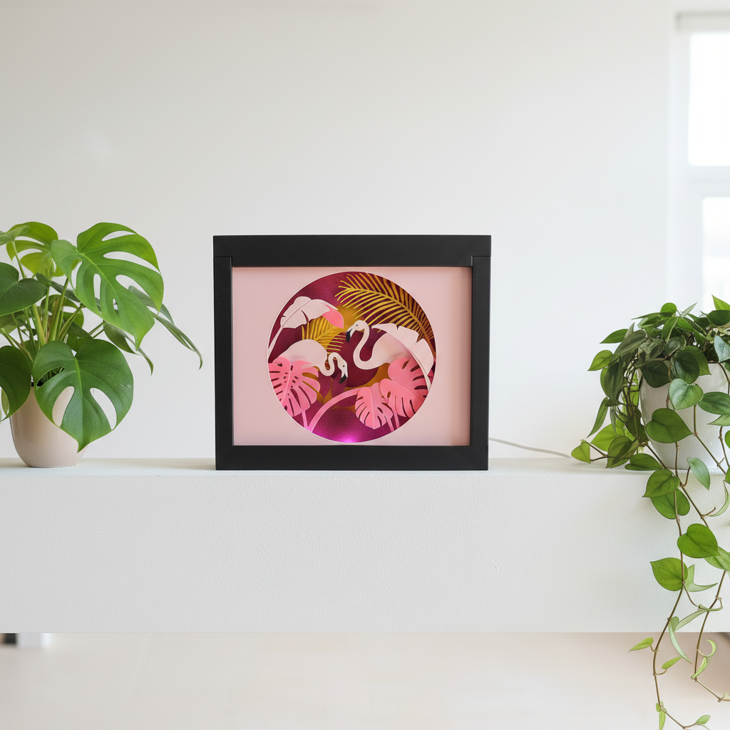 Flamingo Paradise Shadow Box glowing warm pink on a white living room shelf with tropical plants