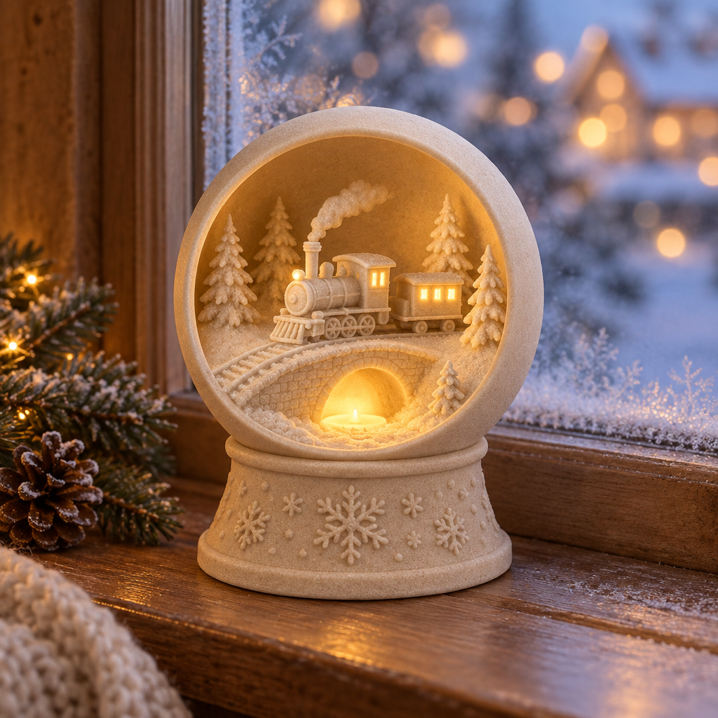 Snow globe tealight holder beside a softly frosted window
