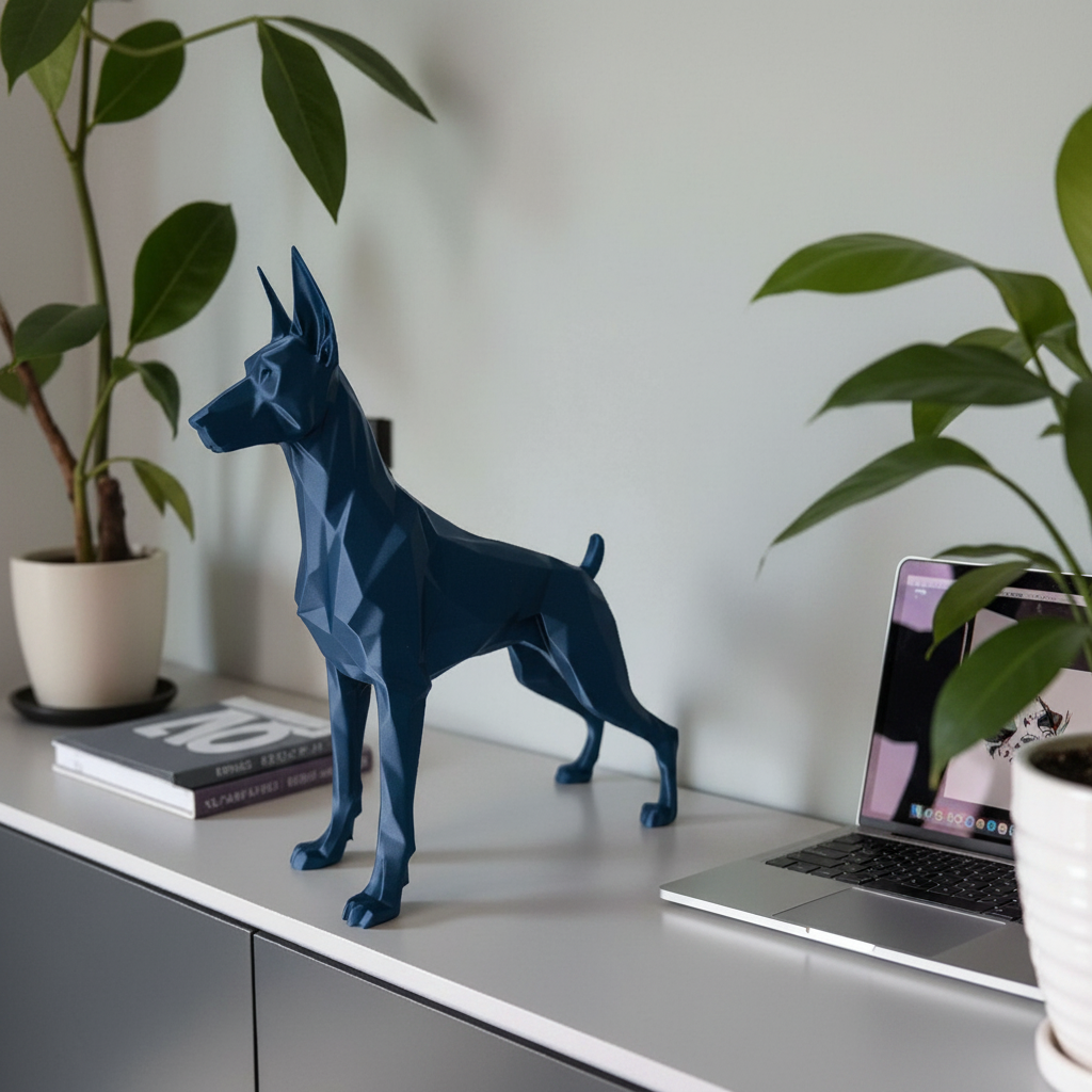 Deep blue Low Poly Great Dane Sculpture on a Japandi home office desk with a laptop and plant