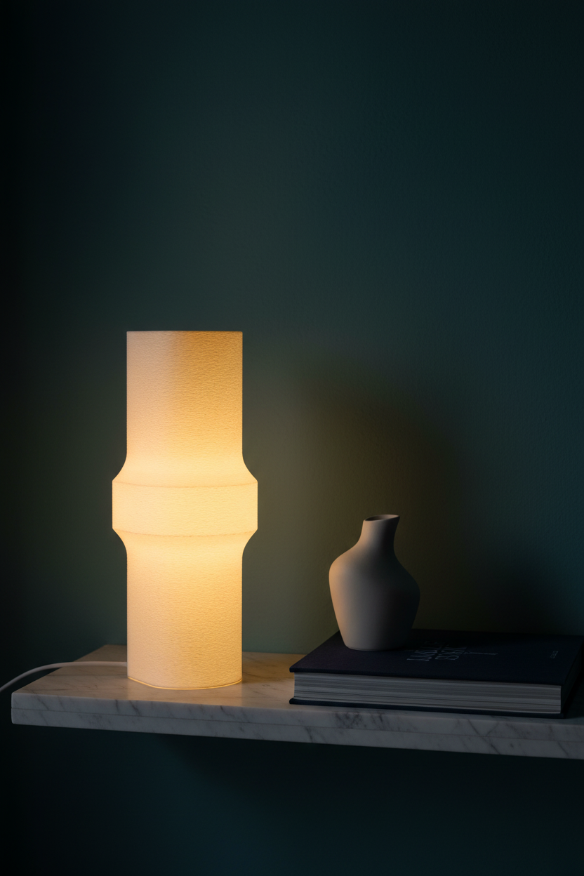 Minimalist Bulge LED Lamp glowing warm amber translucent white cylinder waist-pinch bulge profile pale marble shelf moody sophisticated living room sculptural vase hardcover art book dramatic atmospheric glow deep teal wall portrait