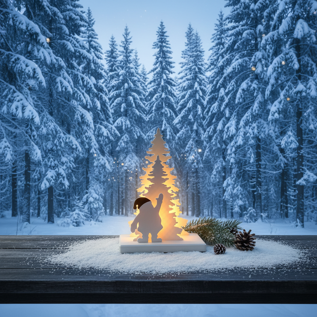 Santa tree scene glowing on outdoor table in snowy pine forest lifestyle
