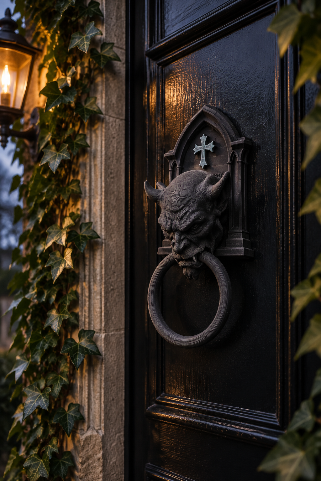 Gargoyle knocker on black Victorian door