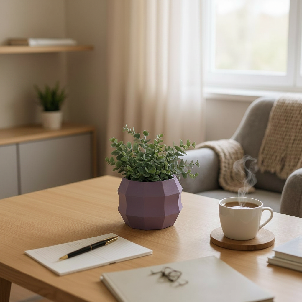 Decagonal flowerpot in dusty purple with eucalyptus on a home office desk with coffee cup