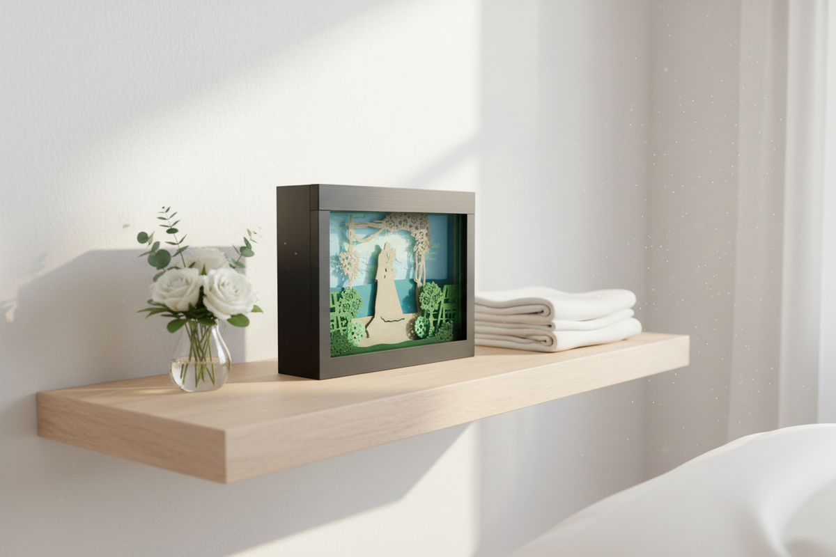 Wedding shadow box on a bedroom shelf with white linen, fresh flowers and soft natural light