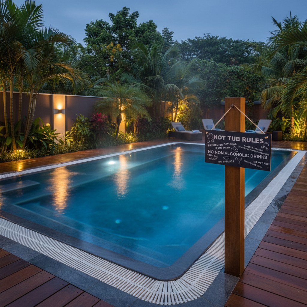 Hot Tub Rules Sign shown at realistic scale beside a spa pool at dusk