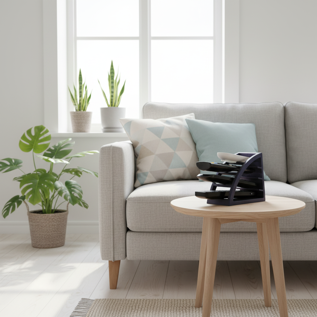 Remote Control Organizer displayed on a side table next to a sofa in a bright Scandinavian living room